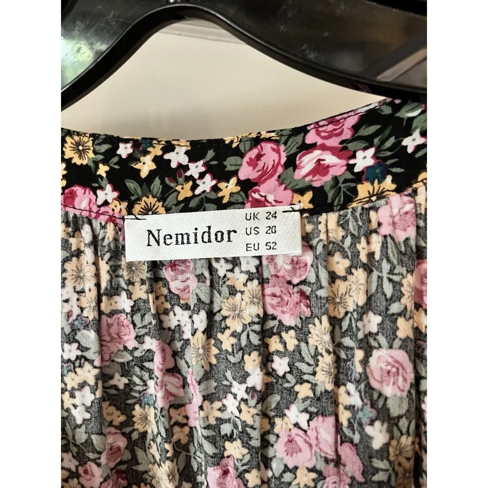 Nemidor Women's Flowy Plus Floral Dress Size 20 Black Pink Rose - Picture 3 of 3